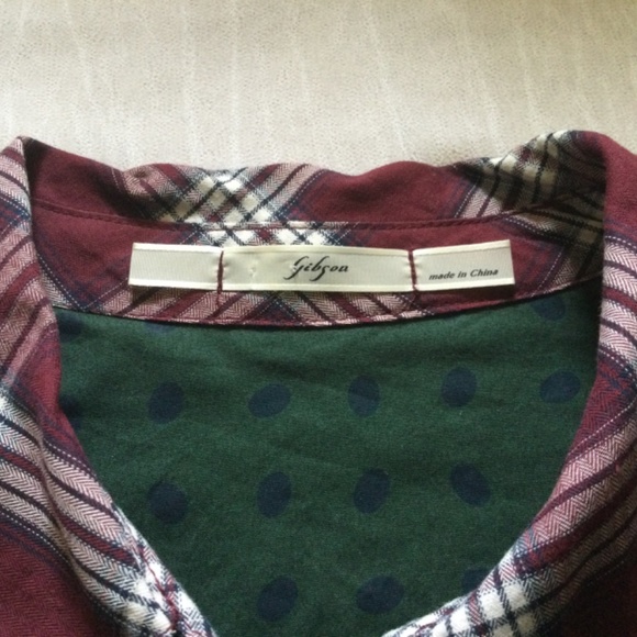 Gibson Button Down Polka Dot Blouse Contrast Plaid Collar and Cuffs SZ M - Picture 2 of 13